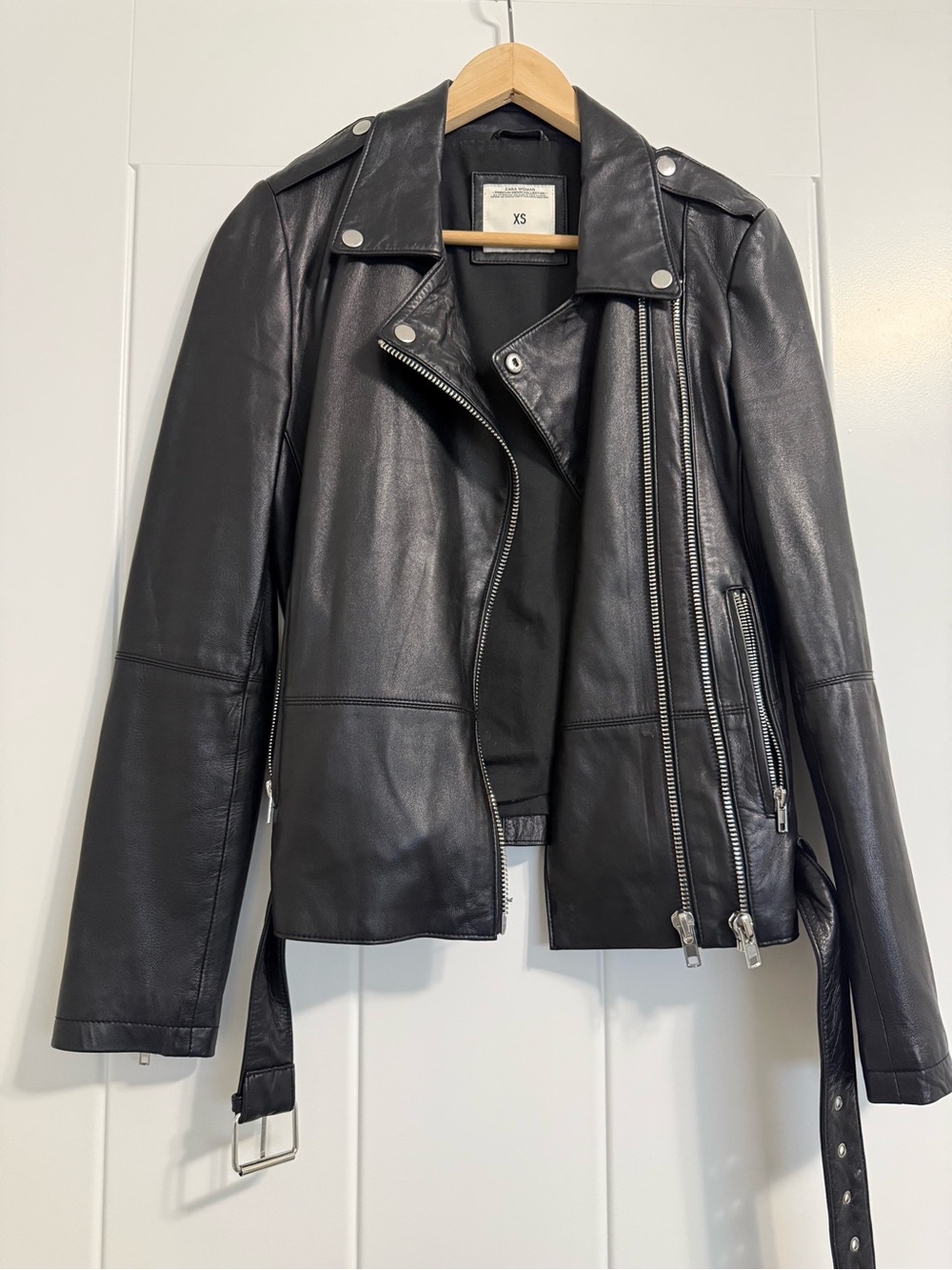 Zara Black Leather Moto Jacket with Belt